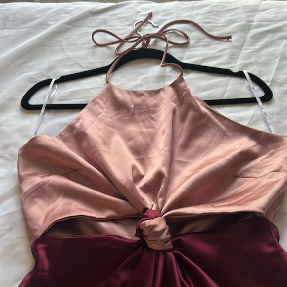 Lulus NWOT Icon Update Burgundy Pink Satin Color Block Knotted Halter Midi Dress - Picture 10 of 15